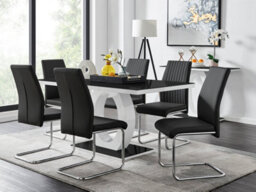 Furniturebox Giovani Rectangular 6 Seat White High Gloss Halo Structural Dining Table Black Glass Top 6 Black Faux Leather Lorenzo Chairs - thumbnail 1