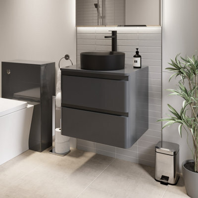 Affine Bathroom Cloakroom Vanity Unit Wall Mounted Countertop Basin Grey Gloss 600mm - image 1