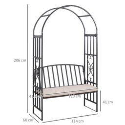 Outsunny Garden Arbor Arch Metal Bench Padded Seat Outdoor Decoration Patio - thumbnail 3