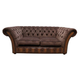 Chesterfield 2 Seater Sofa Antique Tan Leather Pimlico Mocha Fabric In Jepson Style - thumbnail 1