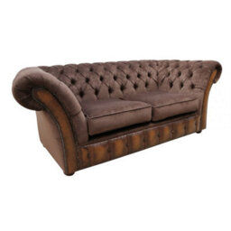 Chesterfield 2 Seater Sofa Antique Tan Leather Pimlico Mocha Fabric In Jepson Style - thumbnail 3