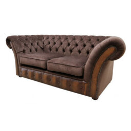 Chesterfield 2 Seater Sofa Antique Tan Leather Pimlico Mocha Fabric In Jepson Style - thumbnail 2