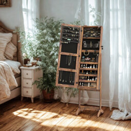 Free Standing Mirror Lockable Jewellery Cabinet 360 Swivel Organiser With Led Lights - thumbnail 6