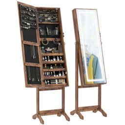 Free Standing Mirror Lockable Jewellery Cabinet 360 Swivel Organiser With Led Lights