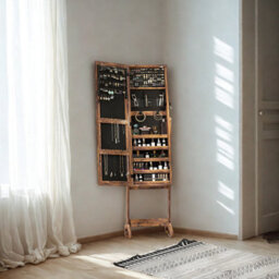 Free Standing Mirror Lockable Jewellery Cabinet 360 Swivel Organiser With Led Lights - thumbnail 2
