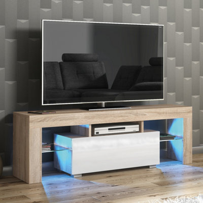 Tv Unit Floe 130Cm - Oak & White Gloss Doors And Led Lights - image 1