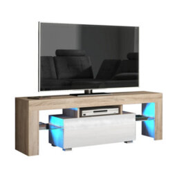 Tv Unit Floe 130Cm - Oak & White Gloss Doors And Led Lights - thumbnail 3