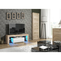 Tv Unit Floe 130Cm - Oak & White Gloss Doors And Led Lights - thumbnail 2