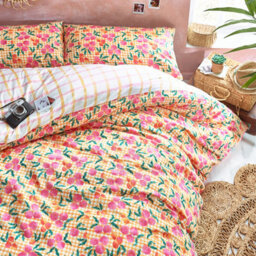 Style Lab Juicy Floral Checked Reversible Duvet Cover Set, Single, Pink - thumbnail 3