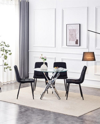 Kosy Koala Round Glass Dining Table Set With 4 Black Velvet Chairs Dining Room Furniture - image 1