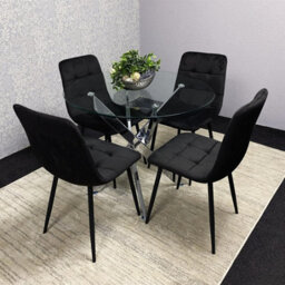 Kosy Koala Round Glass Dining Table Set With 4 Black Velvet Chairs Dining Room Furniture - thumbnail 2
