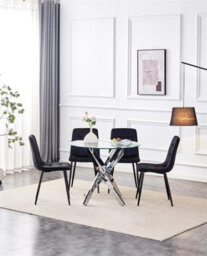 Kosy Koala Round Glass Dining Table Set With 4 Black Velvet Chairs Dining Room Furniture