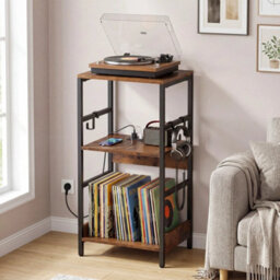 Display Shelf 3 Tier Record Player Stand With Charging Station Living Room - thumbnail 4
