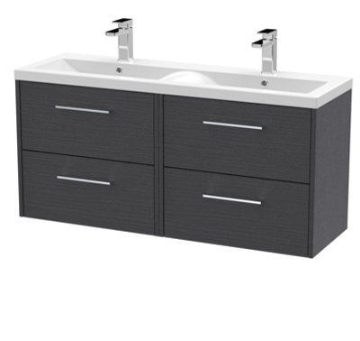 Hudson Reed Juno Wall Hung 4 Soft Close Drawer Vanity Unit With 2 Tap Holes Basin In Graphite Grey Woodgrain Finish, 1205mm - image 1