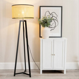 Valuelights Lottie Black Wood Tripod Floor Lamp With Natural Cane Rattan Drum Shade