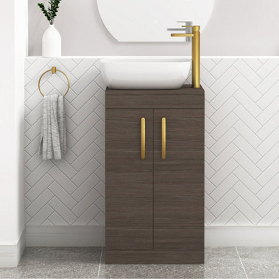 Royal Bathrooms 500mm Floor Standing Vanity Unit 2 Door Grey Elm & Countertop Basin - Elva With Brushed Brass Handle - image 1