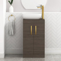 Royal Bathrooms 500mm Floor Standing Vanity Unit 2 Door Grey Elm & Countertop Basin - Elva With Brushed Brass Handle - thumbnail 1