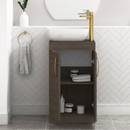 Royal Bathrooms 500mm Floor Standing Vanity Unit 2 Door Grey Elm & Countertop Basin - Elva With Brushed Brass Handle - thumbnail 3