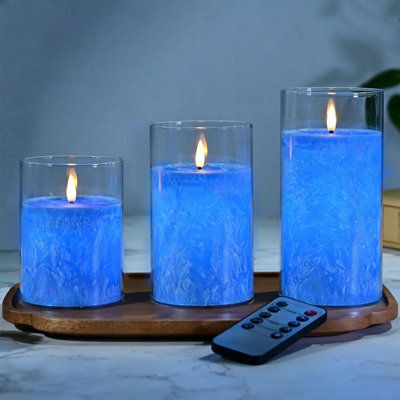 Mozketo 19 Blue Glass Real Wax Flameless Candles Flickering, With Remote & Timer - Fake Light, Battery Operated Led Pillar