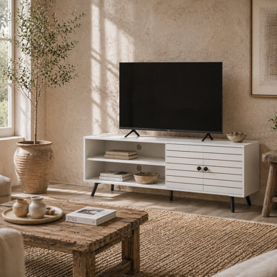 Wyld Haus Lare 145Cm White Tv Unit With Striped Door, Open Shelves And Wooden Legs - image 1