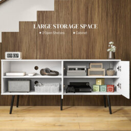 Wyld Haus Lare 145Cm White Tv Unit With Striped Door, Open Shelves And Wooden Legs - thumbnail 4