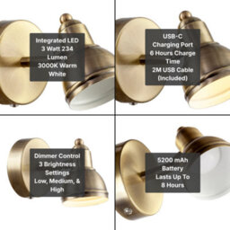 Happy Homewares Modern Rechargeable Dimmable Spot Wall Light Fitting In Antique Brass - thumbnail 8