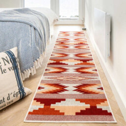 Loomed Warm Orange Terracotta Tribal Geometric Low Pile Soft Living Area Runner Rug 60X240Cm - thumbnail 1