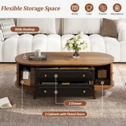 Btm Living Room Coffee Table, Walnut Wood Finish, 2 Drawers, Roll Up Doors, Sofa Table, Side Table, 100X50X36Cm - thumbnail 8