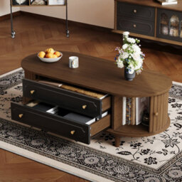 Btm Living Room Coffee Table, Walnut Wood Finish, 2 Drawers, Roll Up Doors, Sofa Table, Side Table, 100X50X36Cm - thumbnail 2