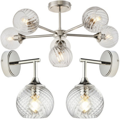 Loops 6 Light Semi Flush Ceiling & 2X Matching Wall Lights - Bright Nickel Clear Spiral Patterned Shade - image 1