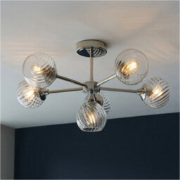 Loops 6 Light Semi Flush Ceiling & 2X Matching Wall Lights - Bright Nickel Clear Spiral Patterned Shade - thumbnail 4