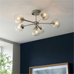 Loops 6 Light Semi Flush Ceiling & 2X Matching Wall Lights - Bright Nickel Clear Spiral Patterned Shade - thumbnail 5