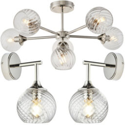 Loops 6 Light Semi Flush Ceiling & 2X Matching Wall Lights - Bright Nickel Clear Spiral Patterned Shade