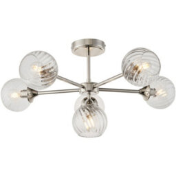 Loops 6 Light Semi Flush Ceiling & 2X Matching Wall Lights - Bright Nickel Clear Spiral Patterned Shade - thumbnail 2