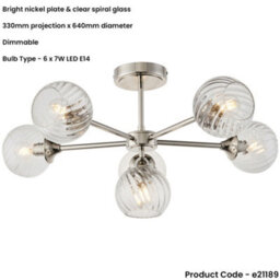 Loops 6 Light Semi Flush Ceiling & 2X Matching Wall Lights - Bright Nickel Clear Spiral Patterned Shade - thumbnail 3