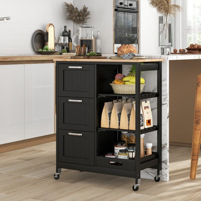 Costway Kitchen Trolley On Lockable Wheels W/ 3 Drawers Wooden Rolling Cart-Black - image 1