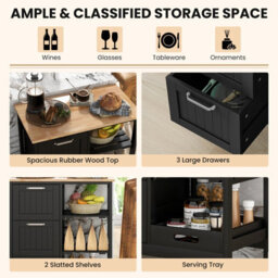 Costway Kitchen Trolley On Lockable Wheels W/ 3 Drawers Wooden Rolling Cart-Black - thumbnail 5