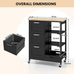 Costway Kitchen Trolley On Lockable Wheels W/ 3 Drawers Wooden Rolling Cart-Black - thumbnail 4