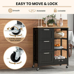 Costway Kitchen Trolley On Lockable Wheels W/ 3 Drawers Wooden Rolling Cart-Black - thumbnail 7