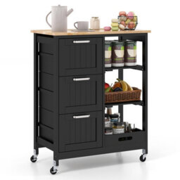 Costway Kitchen Trolley On Lockable Wheels W/ 3 Drawers Wooden Rolling Cart-Black - thumbnail 3