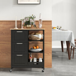 Costway Kitchen Trolley On Lockable Wheels W/ 3 Drawers Wooden Rolling Cart-Black - thumbnail 9