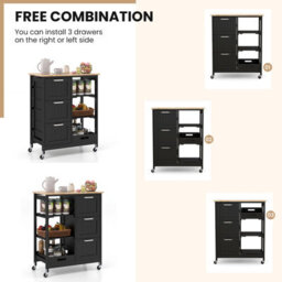 Costway Kitchen Trolley On Lockable Wheels W/ 3 Drawers Wooden Rolling Cart-Black - thumbnail 8