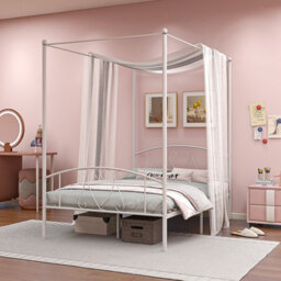 Costway Double Size Metal Canopy Bed Frame 4-Poster Modern Platform Wooden Slat Support - thumbnail 1