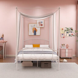 Costway Double Size Metal Canopy Bed Frame 4-Poster Modern Platform Wooden Slat Support - thumbnail 5
