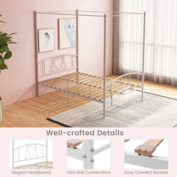 Costway Double Size Metal Canopy Bed Frame 4-Poster Modern Platform Wooden Slat Support - thumbnail 9