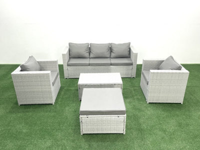 Fimous Rattan Garden Furniture Set 3 Seater Sofa 2 Chair Rectangular Coffee Table Big Stool Light Grey 6 Seater - image 1