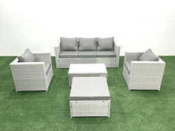 Fimous Rattan Garden Furniture Set 3 Seater Sofa 2 Chair Rectangular Coffee Table Big Stool Light Grey 6 Seater - thumbnail 1