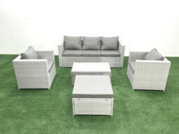 Fimous Rattan Garden Furniture Set 3 Seater Sofa 2 Chair Rectangular Coffee Table Big Stool Light Grey 6 Seater - thumbnail 2