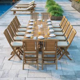 Eterna Helsinki Teak Garden Outdoor Dining Table & 14 Seat Chair Set - With Green Cushions - thumbnail 2