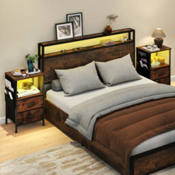 Gainoom Bedside Table Narrow Couch Table End Table With Charging Station For Bedroom Living Room Rustic Brown - thumbnail 5